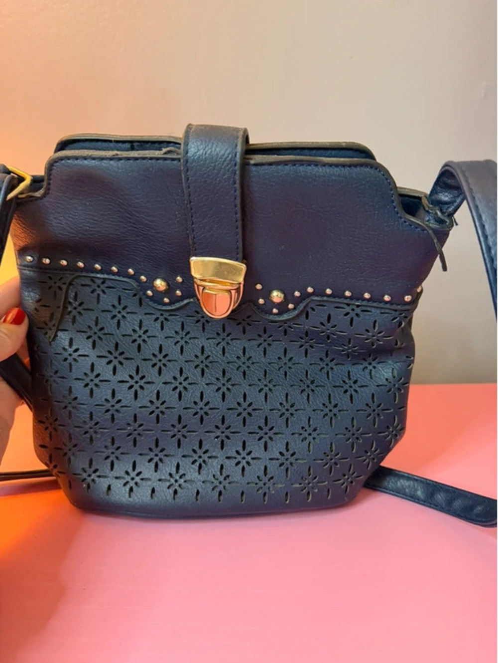 Navy Blue Floral Cutout Crossbody Bag Gold Studded Shoulder Purse